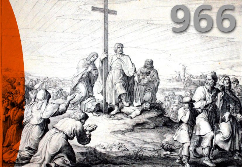 Infografika przedstawiająca ludzi przy krzyżu,w prawym górnym rogu rok 966 