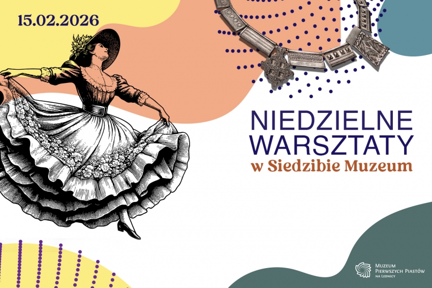 Grafika z kobietą w tańcu oraz kopią zabytku naszyjnika