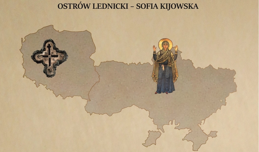 Mapa Polski z Stauroteką, mapa Ukrainy z Matką Bożą Orantką. 
