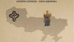 Mapa Polski z Stauroteką, mapa Ukrainy z Matką Bożą Orantką. 