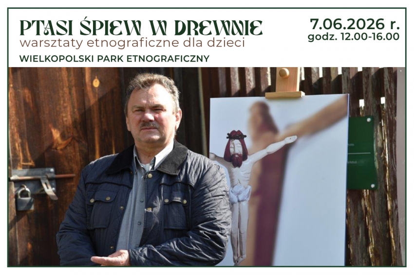 Ptasi śpiew w drewnie - grafika. Na pierwszym planie Mieczysław Najkowski