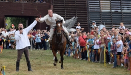 Mężczyzna na koniu podczas akrobacji, za nim tłum ludzi.