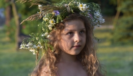 Dziewczynka w długich włosach w wianku z kwiatów polnych na głowie.