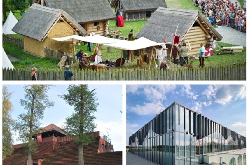 kolaż zdjęć - siedziba muzeum na lednicy, giecz, grzybowo