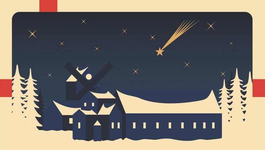 kartka świąteczna z budynkami, widać niebo i gwiazdy